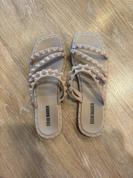 Steve Madden Shoes - Steve Madden Beige Studded Triple-Strap Slide Sandals